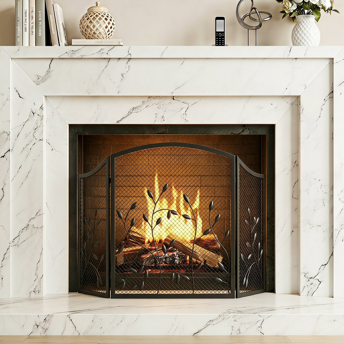 3-Panel Folding Fireplace Screen with Spark Guard for Hearth Protection, Heat-Resistant Metal Fire Screen, 122 x 1 x 75 cm, Black