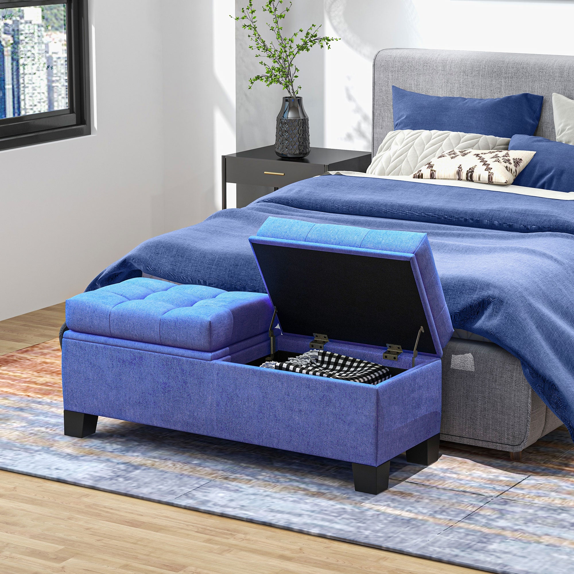 46" Storage Ottoman Bench, Upholstered End of Bed Bench with Steel Frame, Button Tufted Storage Bench Blue