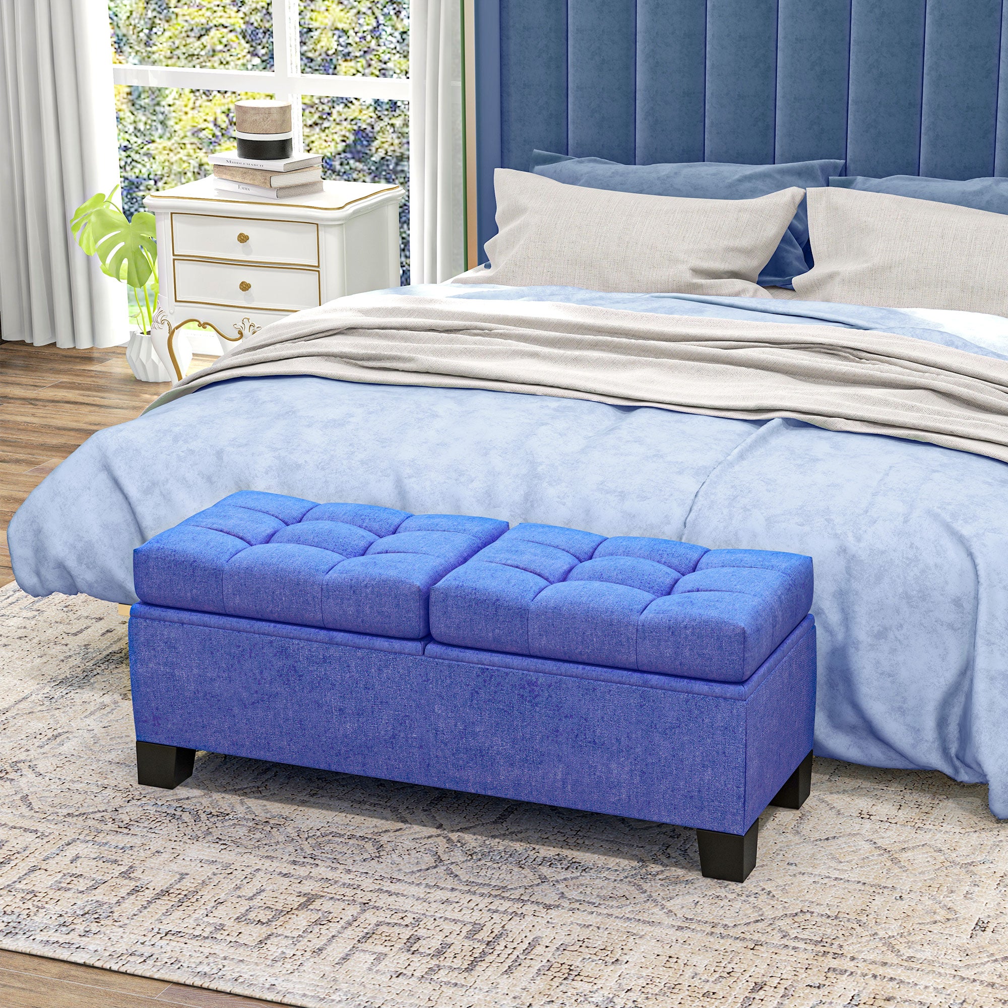 46" Storage Ottoman Bench, Upholstered End of Bed Bench with Steel Frame, Button Tufted Storage Bench Blue