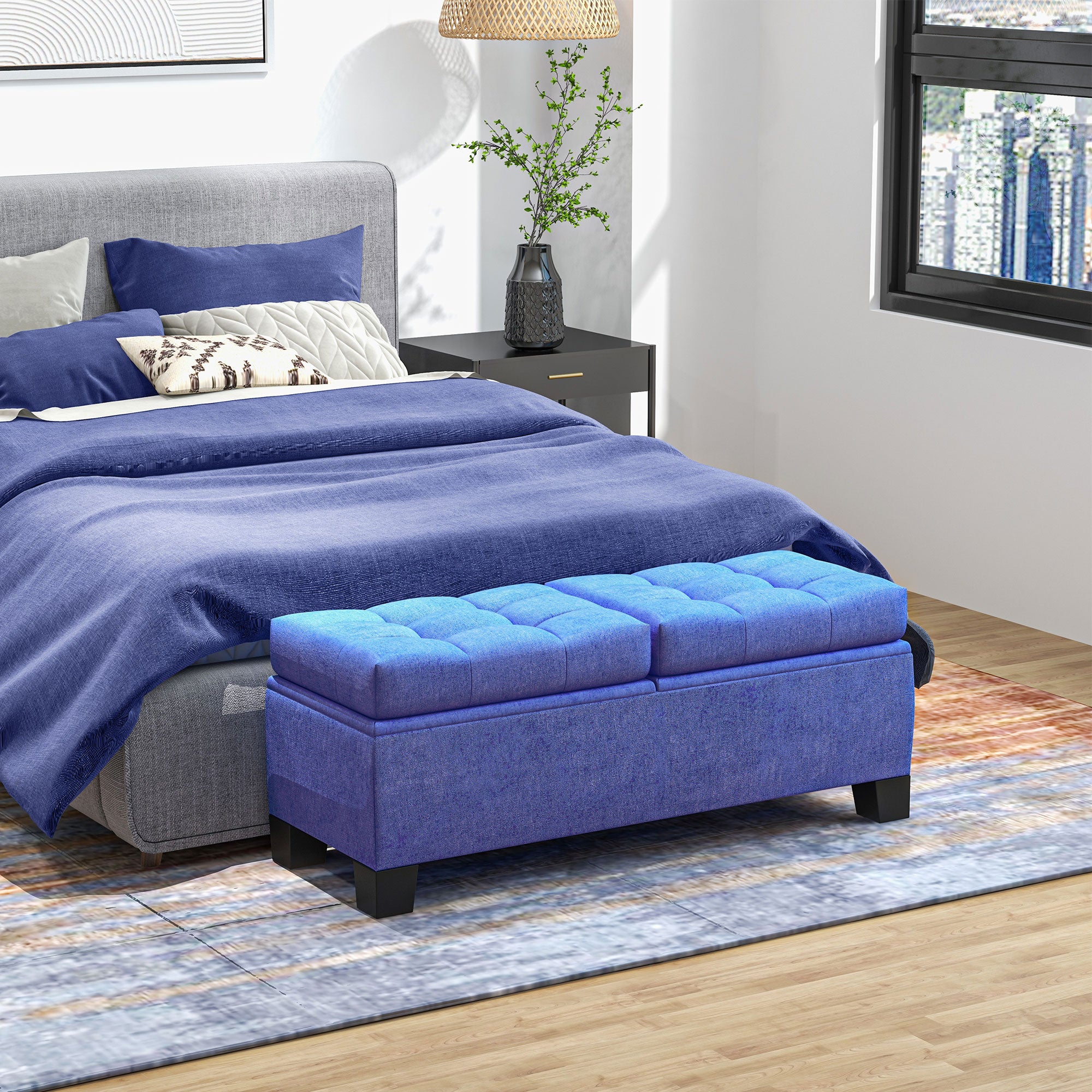 46" Storage Ottoman Bench, Upholstered End of Bed Bench with Steel Frame, Button Tufted Storage Bench Blue