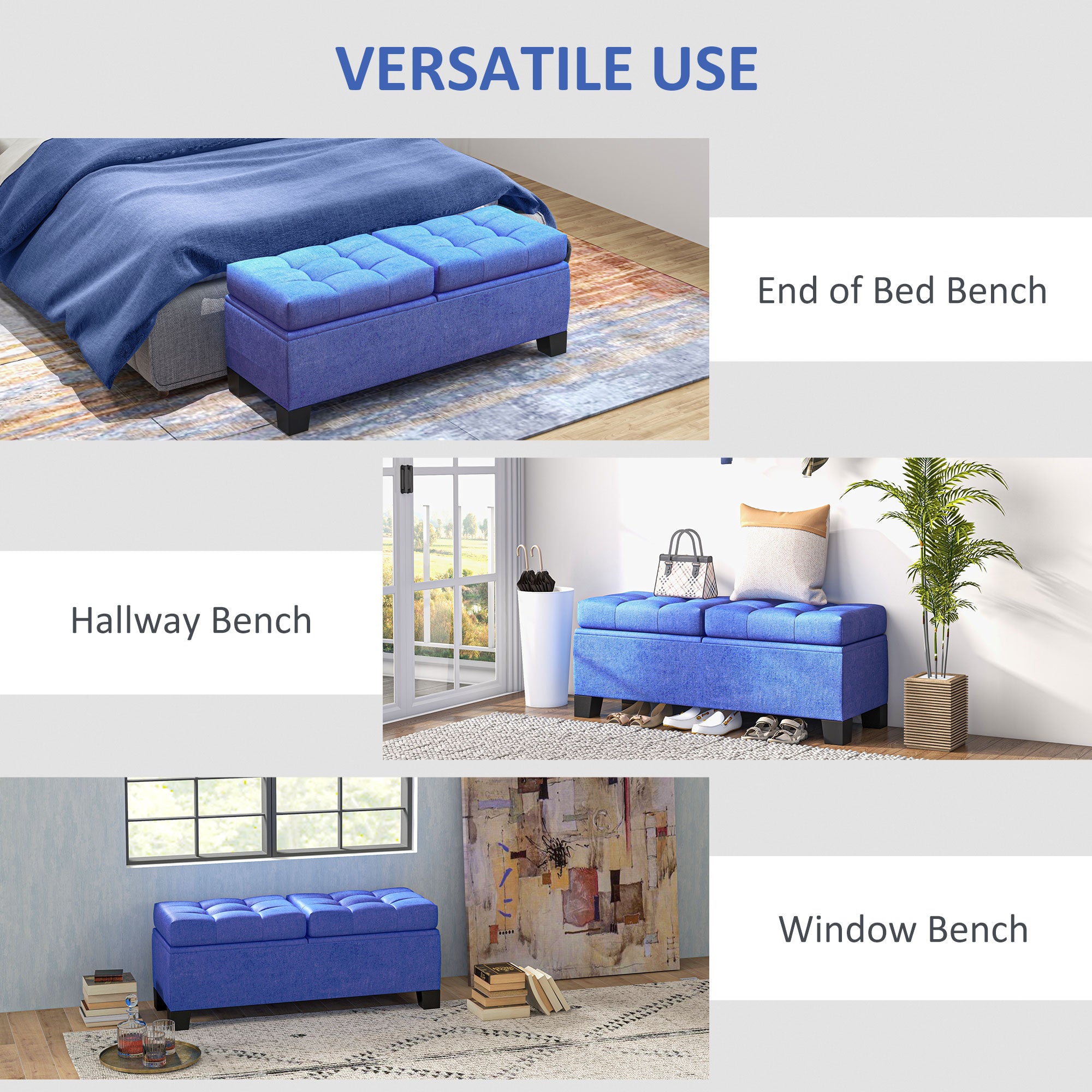 46" Storage Ottoman Bench, Upholstered End of Bed Bench with Steel Frame, Button Tufted Storage Bench Blue