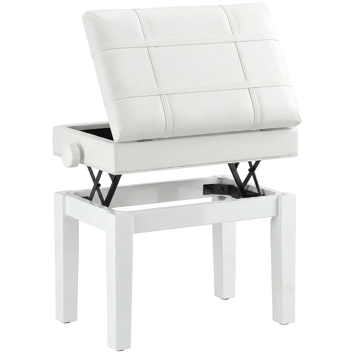 24.8" Adjustable Piano Bench with Padded Cushion and Storage, Faux Leather Keyboard Bench with Solid Wood Legs, White