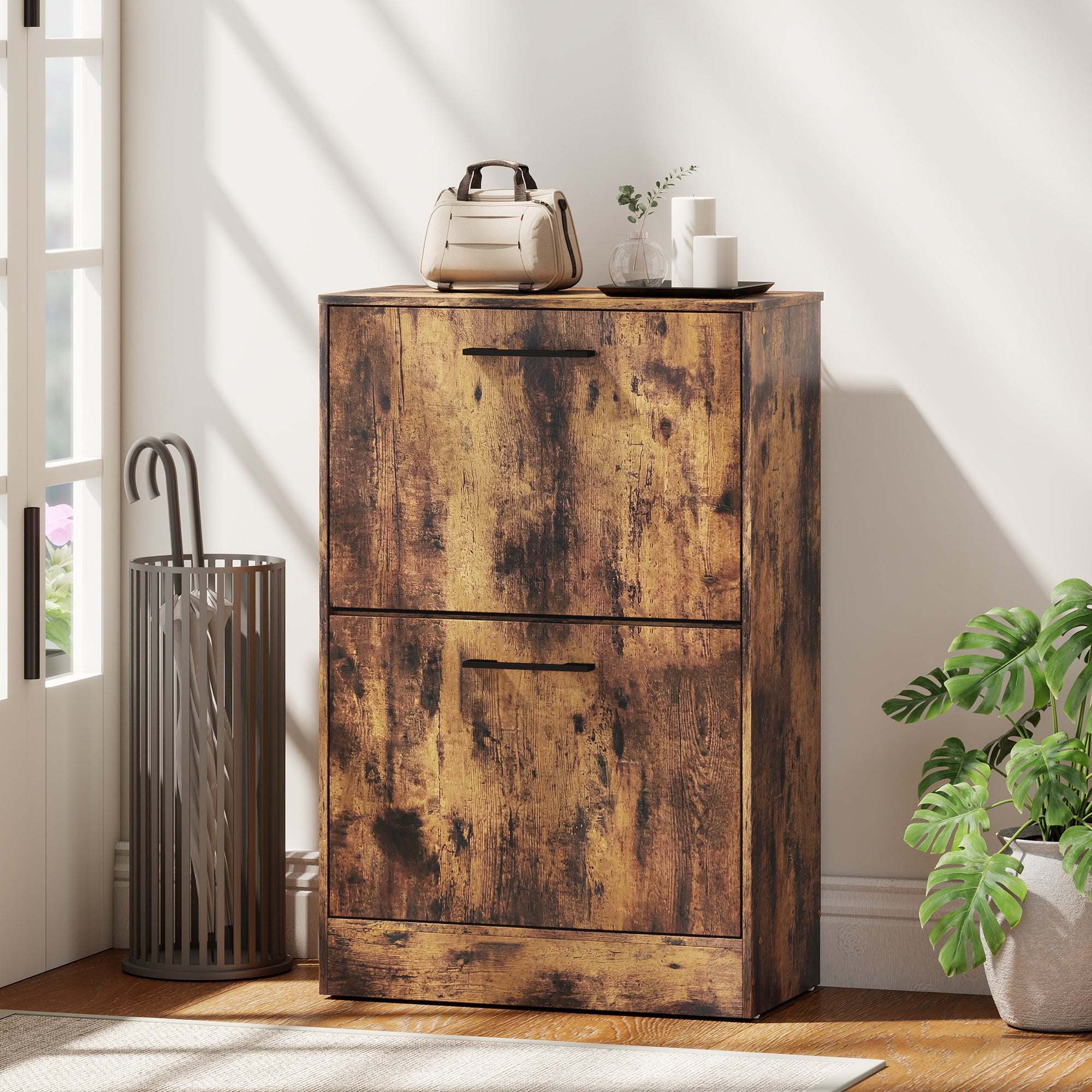Shoe Cabinet with 2 Flip Drawers, Modern Narrow Shoe Storage Cabinet with Adjustable Dividers, Entryway Storage Unit for up to 12 Pairs for Hallway, Living Room, Rustic Brown