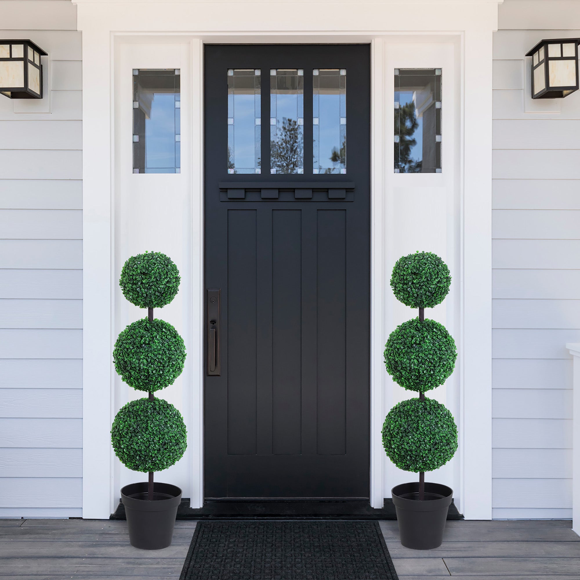 Artificial Boxwood Topiary Tree Set of 2, 44.1" Faux Boxwood Ball Tree in Pot, Fake Plant for Outdoor Indoor Home Office Decor, Green