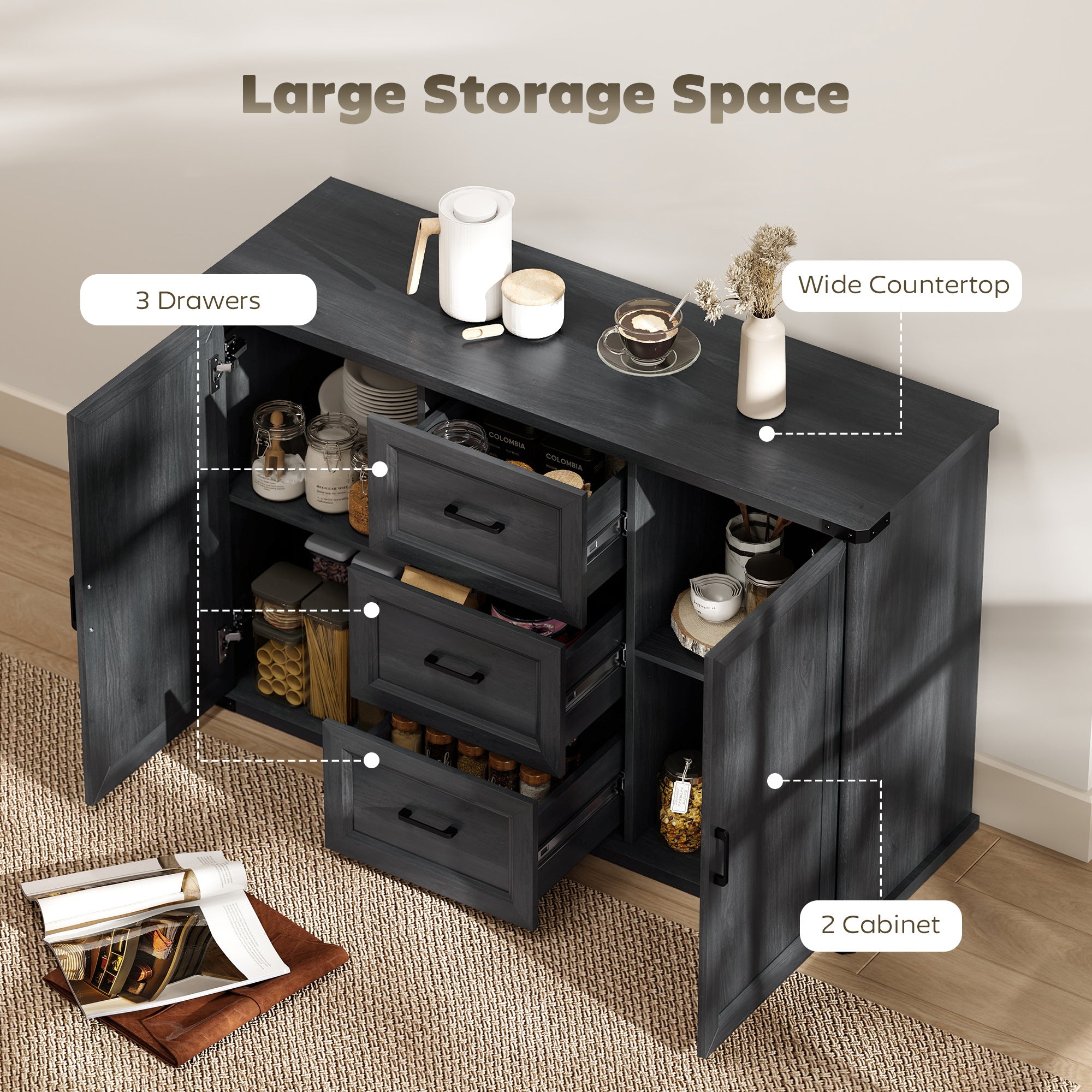 Modern Sideboard Buffet Cabinet with 3 Drawers and 2 Doors, 47" Coffee Bar Cabinet with Adjustable Shelves for Kitchen, Black Wood Grain