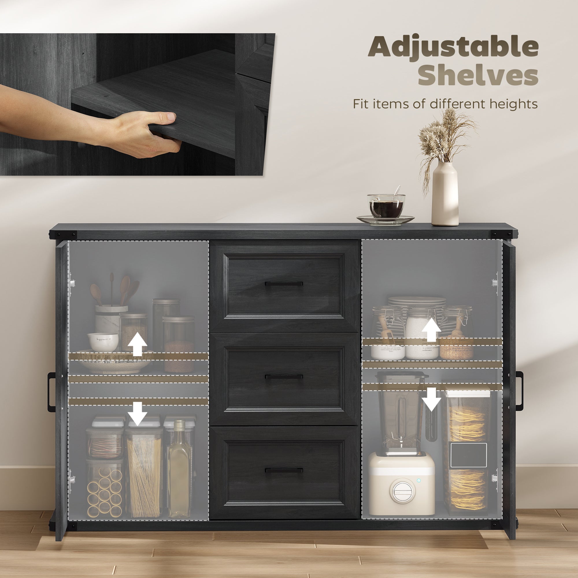 Modern Sideboard Buffet Cabinet with 3 Drawers and 2 Doors, 47" Coffee Bar Cabinet with Adjustable Shelves for Kitchen, Black Wood Grain