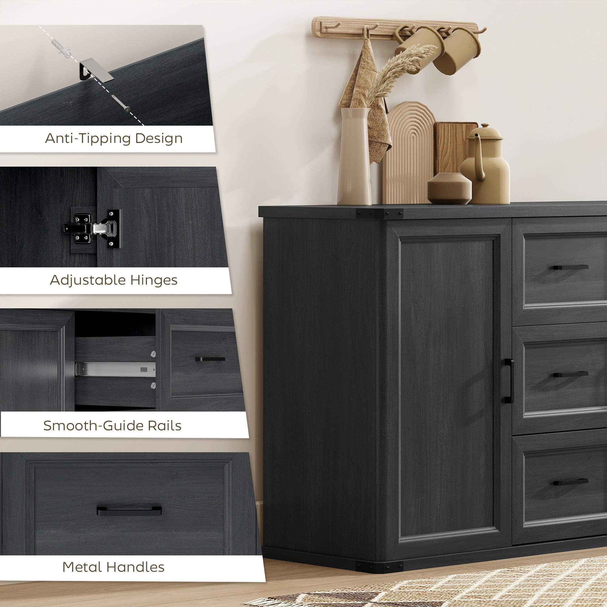Modern Sideboard Buffet Cabinet with 3 Drawers and 2 Doors, 47" Coffee Bar Cabinet with Adjustable Shelves for Kitchen, Black Wood Grain