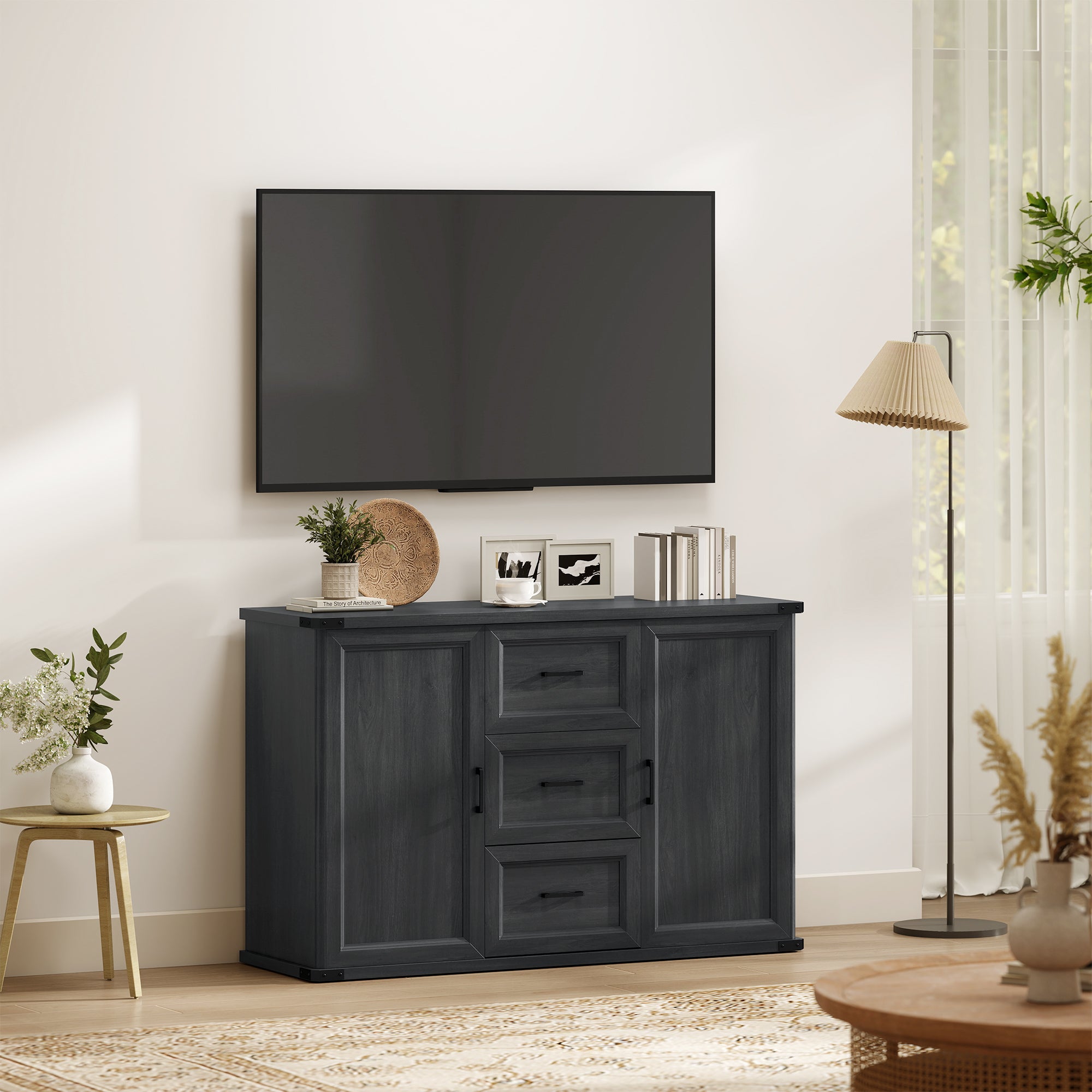 Modern Sideboard Buffet Cabinet with 3 Drawers and 2 Doors, 47" Coffee Bar Cabinet with Adjustable Shelves for Kitchen, Black Wood Grain