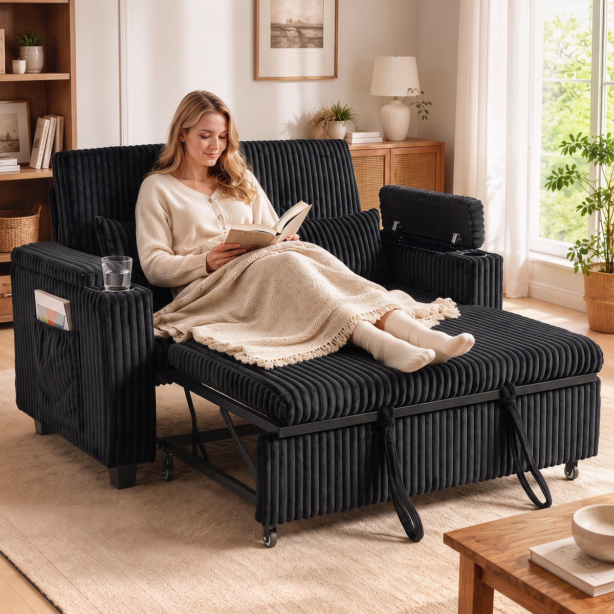 2 Seater Sofa Bed, 3-in-1 Convertible Pull Out Sleeper Sofa, Corduroy Loveseat Bed Settee with Adjustable Backrest, Storage Armrests, Cup Holders, Side Pockets for Living Room, Black