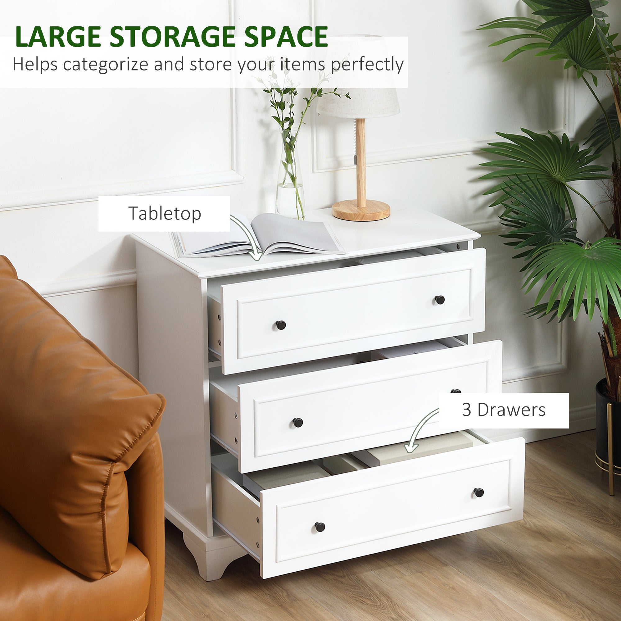 HOMCOM 3-Drawer Dresser Tower Storage Cabinet, Chest of Drawers for Bedroom, Hallway, Living Room and Bathroom, White