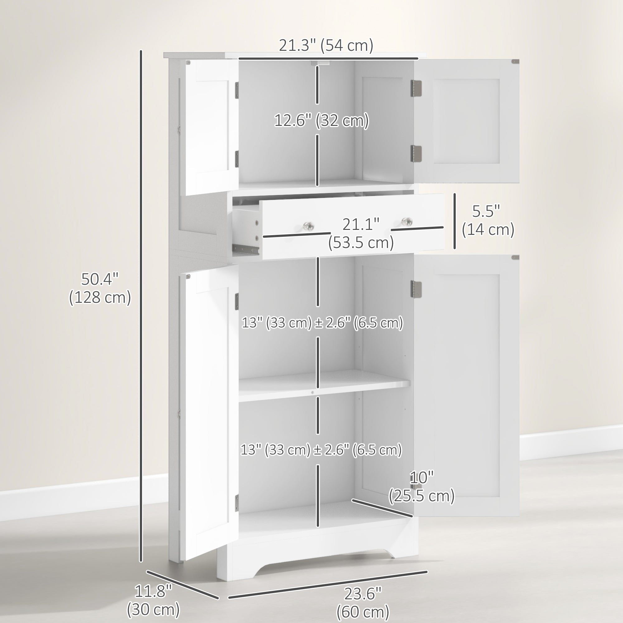 HOMCOM 50.5" Kitchen Pantry Cabinet, Modern Freestanding Storage Cabinet with Doors and Shelves, Kitchen Cabinet with Drawer and Adjustable Shelf, White