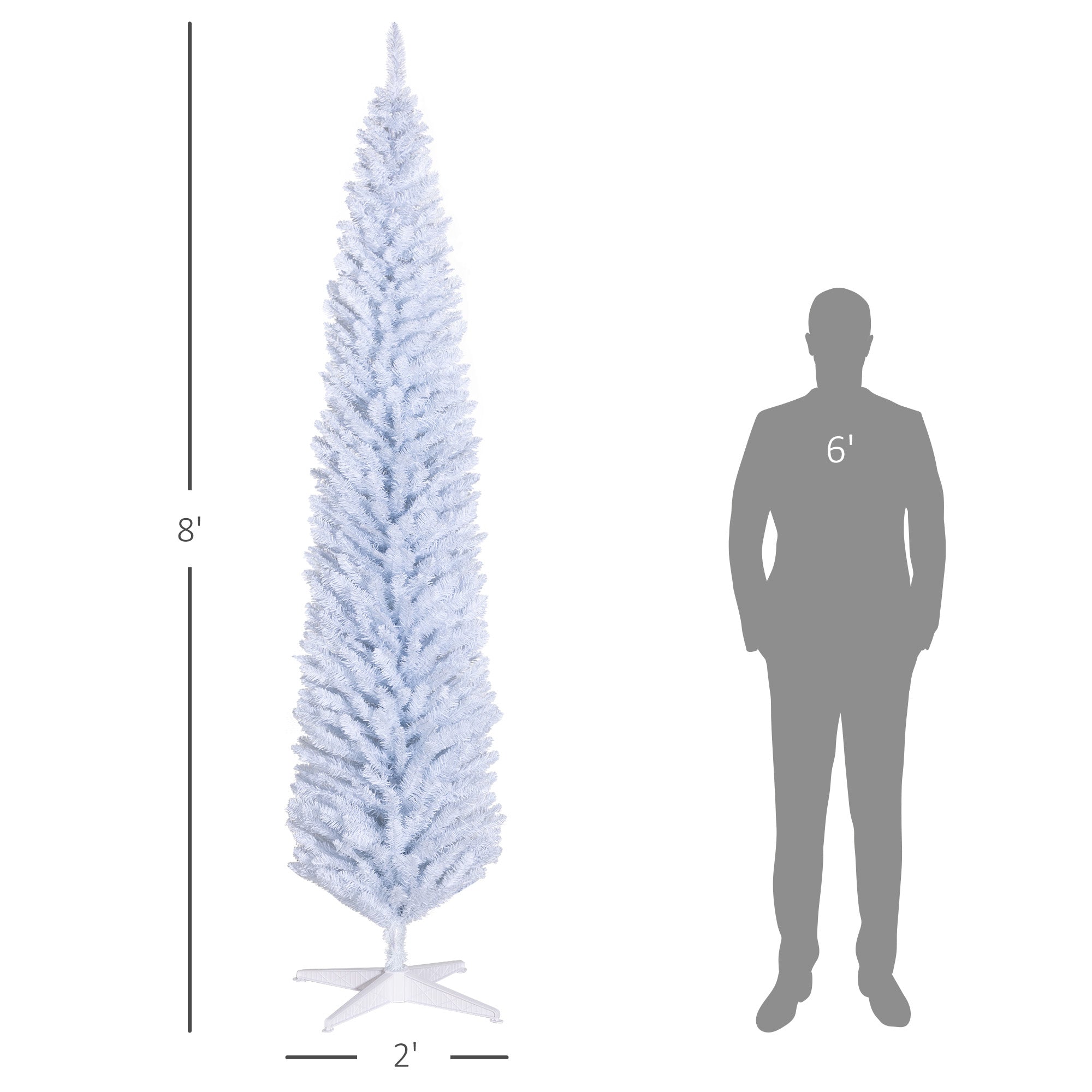 8ft Unlit Pencil Artificial Christmas Tree with Realistic Branches and 618 Tips Plastic Base White