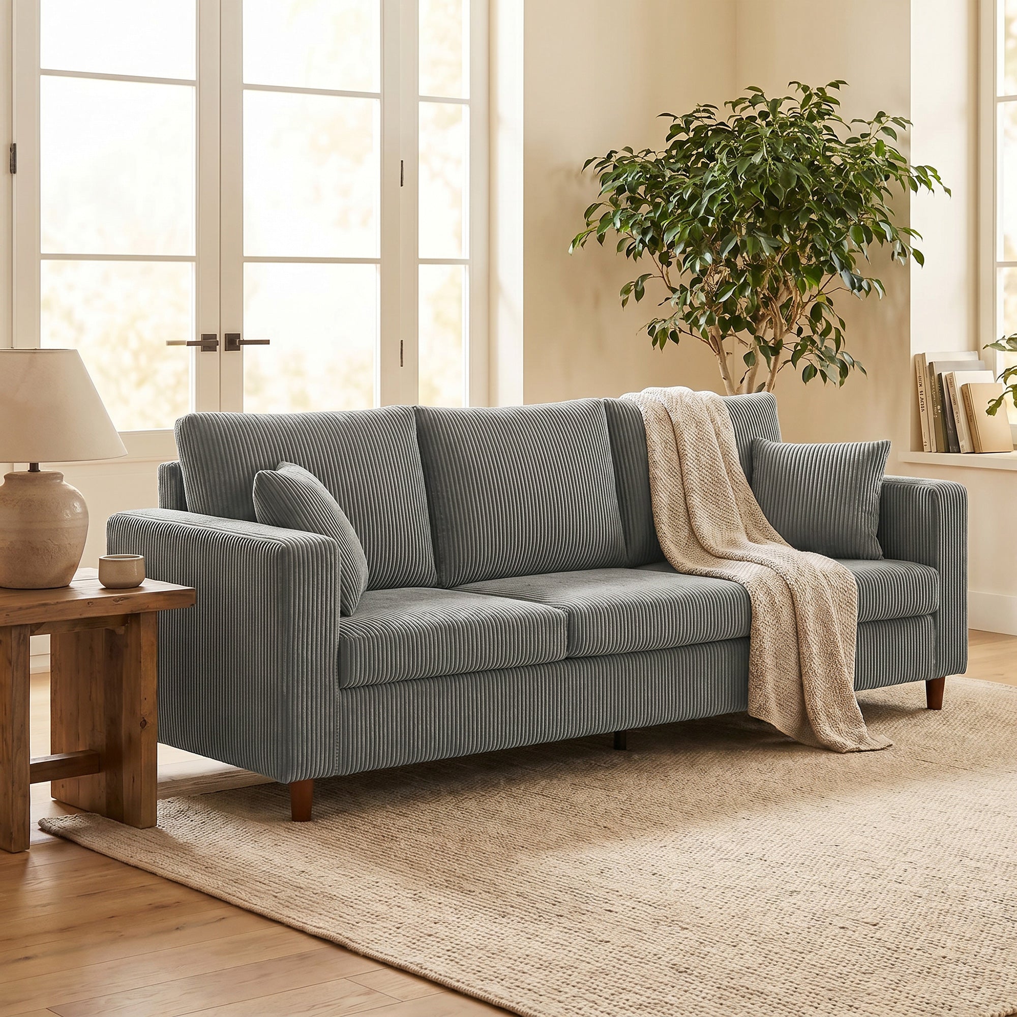 3 Seater Sofa, 225 cm Comfy Corduroy Couch with Wide Deep Seat, Wide Armrests, Spring Cushion, Thick Padded, Solid Wood Legs, Fabric Sofa for Living Room, Light Grey