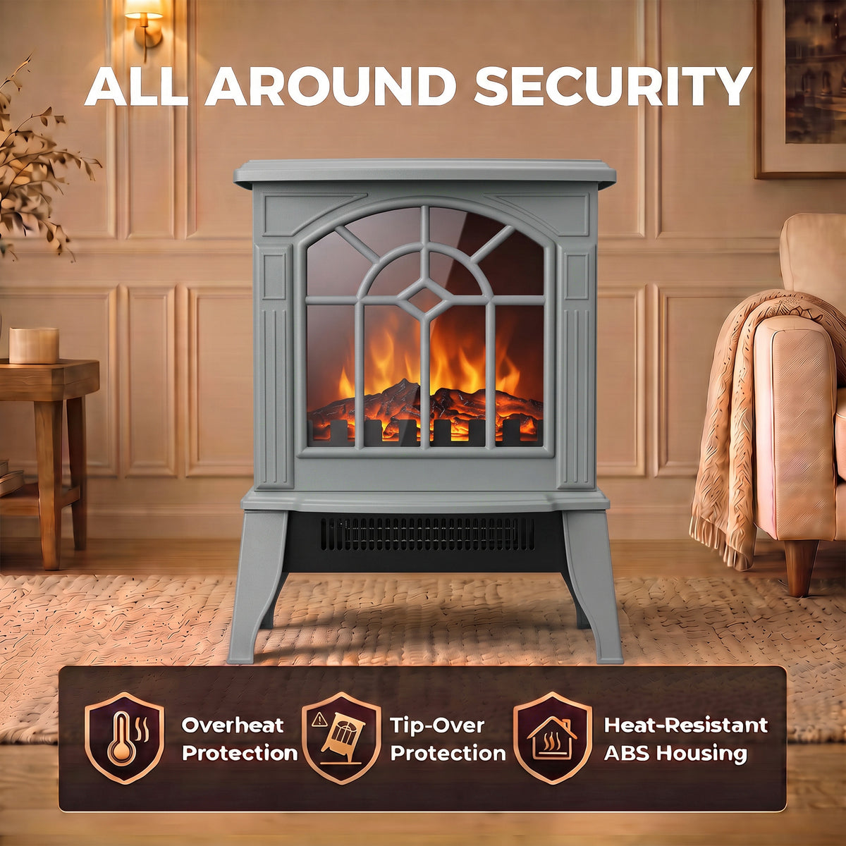 Freestanding Electric Fireplace, Electric Log Burner with LED Flame Effect, Overheating Safety System, 1000W/2000W, Grey