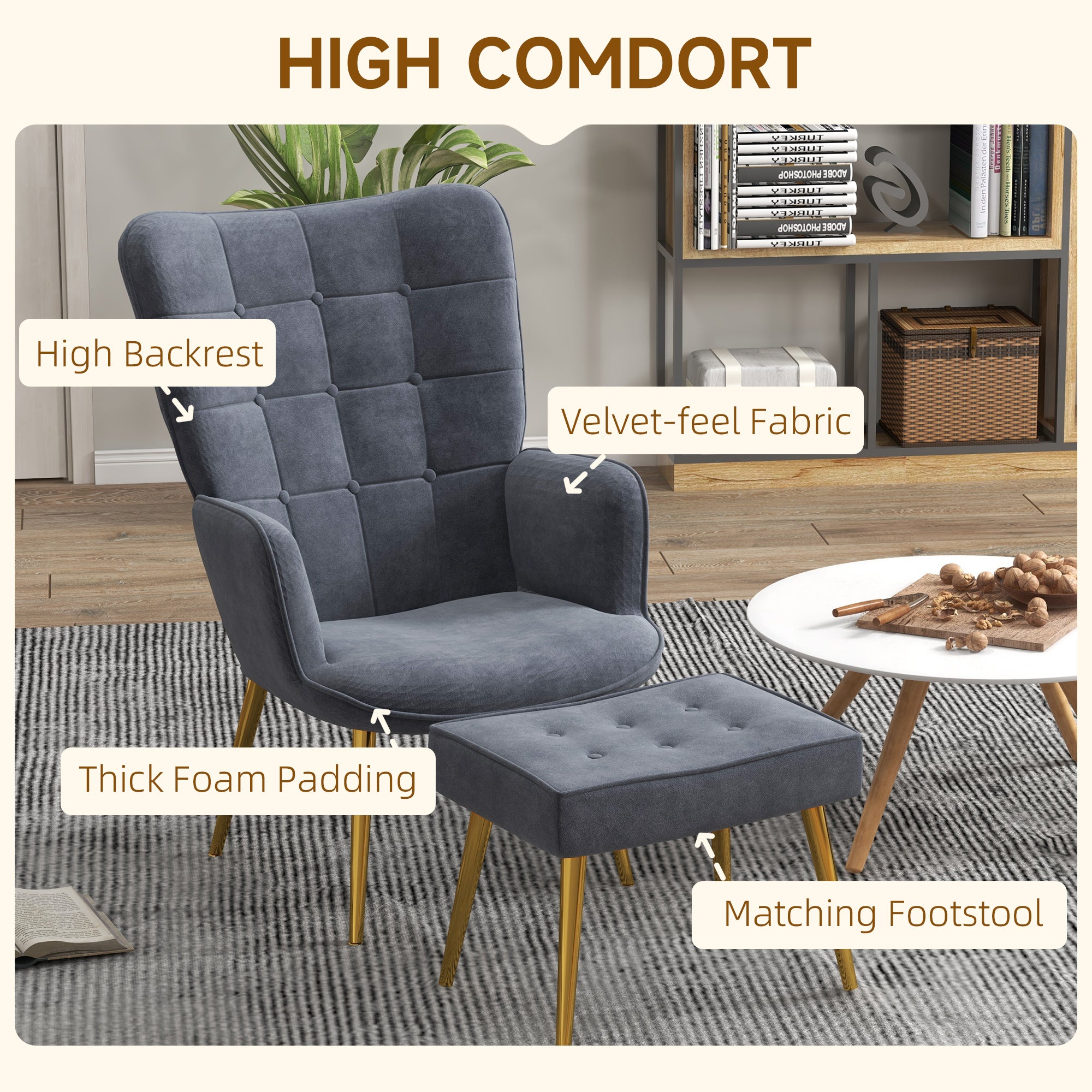 HOMCOM Modern Accent Chair with Ottoman, Upholstered Armchair with Footrest, Gold Metal Legs for Living Room, Bedroom, Dark Grey