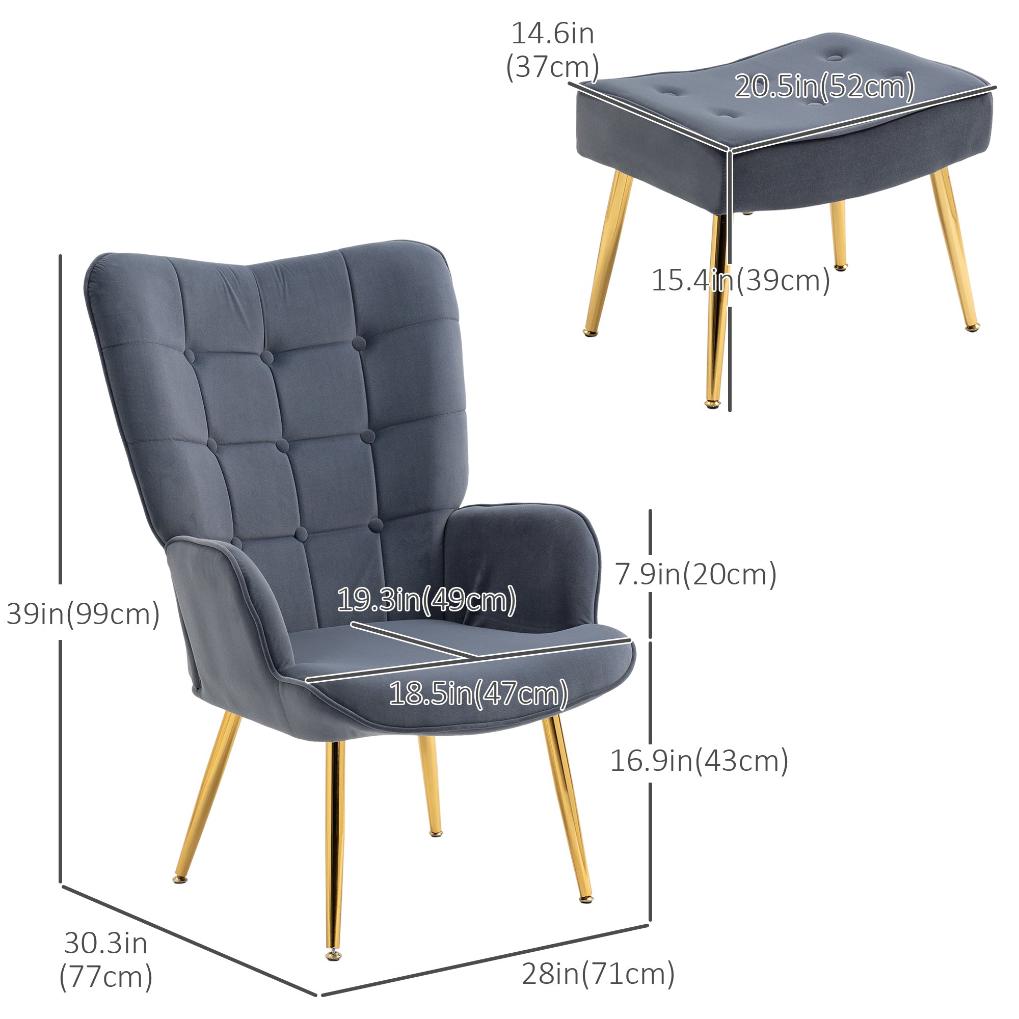 HOMCOM Modern Accent Chair with Ottoman, Upholstered Armchair with Footrest, Gold Metal Legs for Living Room, Bedroom, Dark Grey