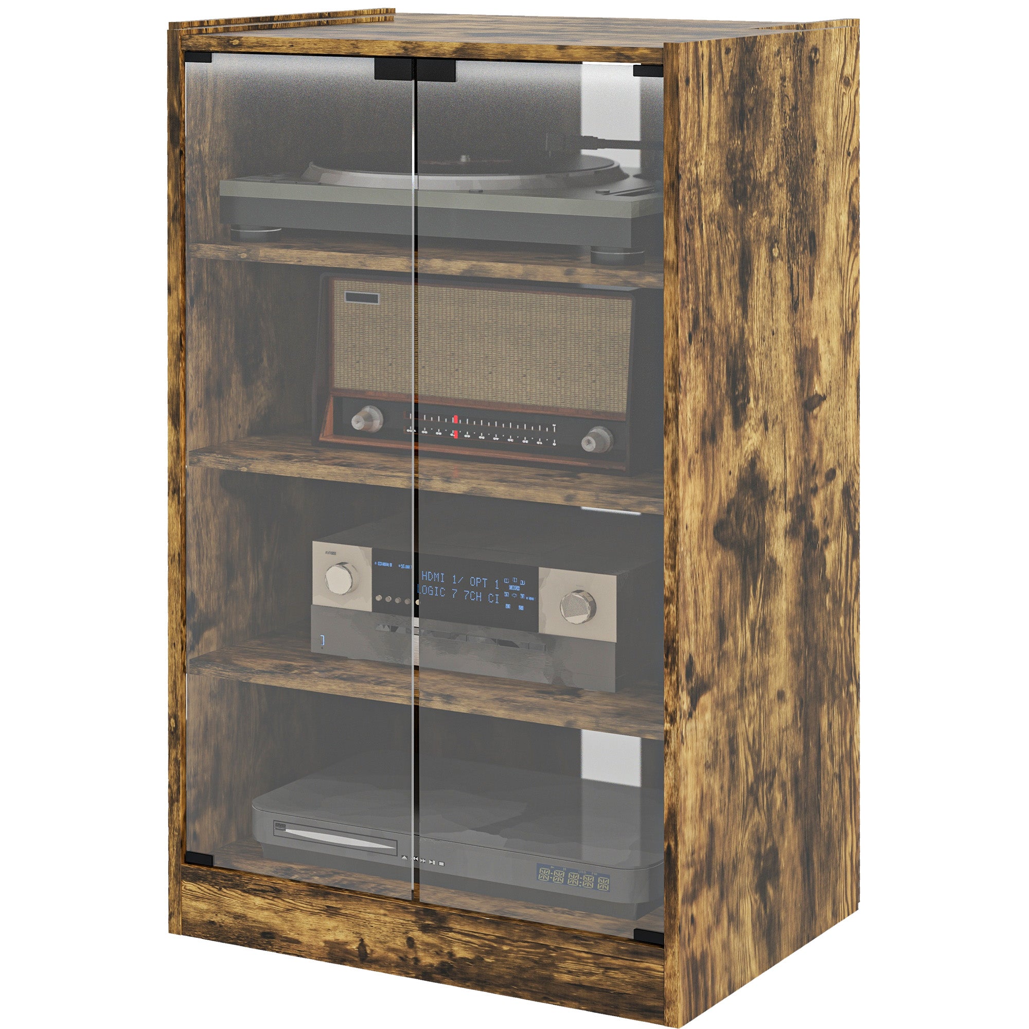 5-Tier Media Cabinet, Media Stand with Adjustable Shelves, Tempered Glass Doors, and Cable Management, Rustic Brown