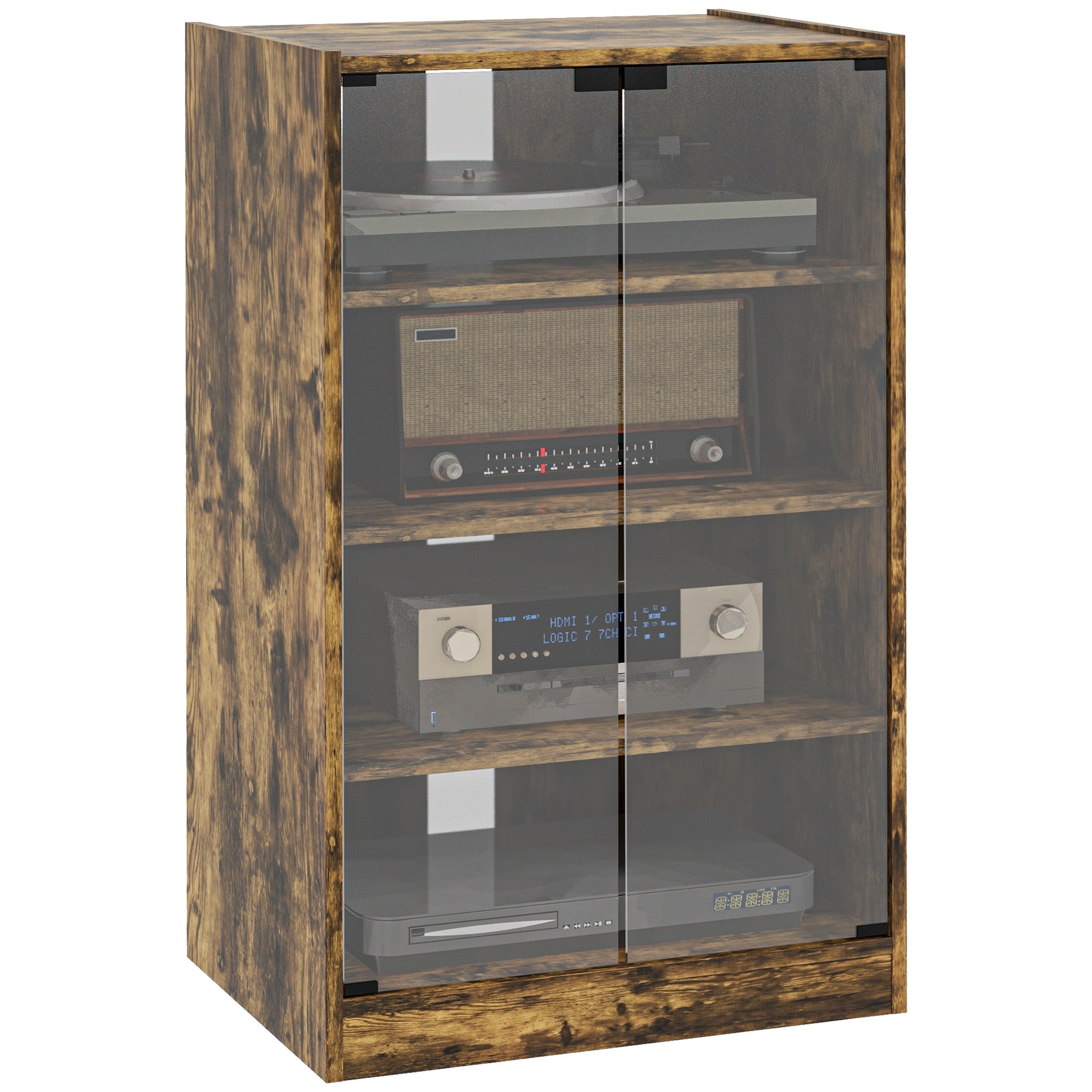 5-Tier Media Cabinet, Media Stand with Adjustable Shelves, Tempered Glass Doors, and Cable Management, Rustic Brown