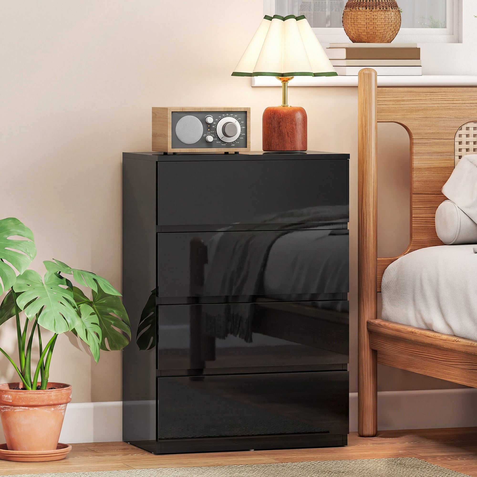 Chest of Drawers, 4 Drawers Storage Cabinet Floor Tower Cupboard for Bedroom Living Room, High Gloss Black