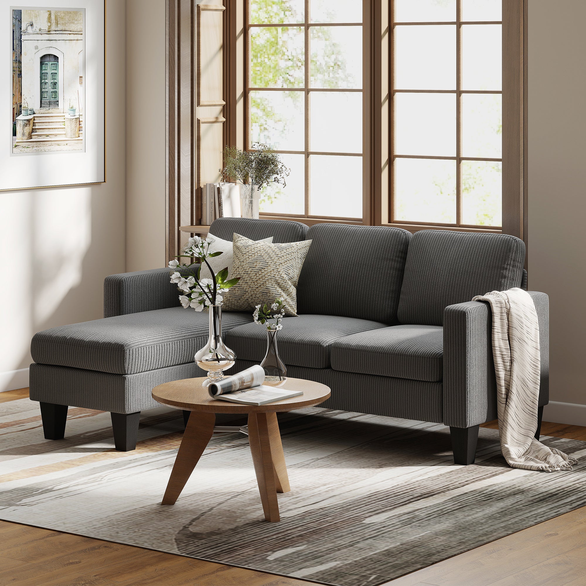 73" Sectional Sofa, L Shaped Couch with Reversible Chaise or Ottoman, Corduroy 3 Seat Sectional Couch for Living Room, Bedroom, Apartment, 2200lb Capacity, Dark Gray