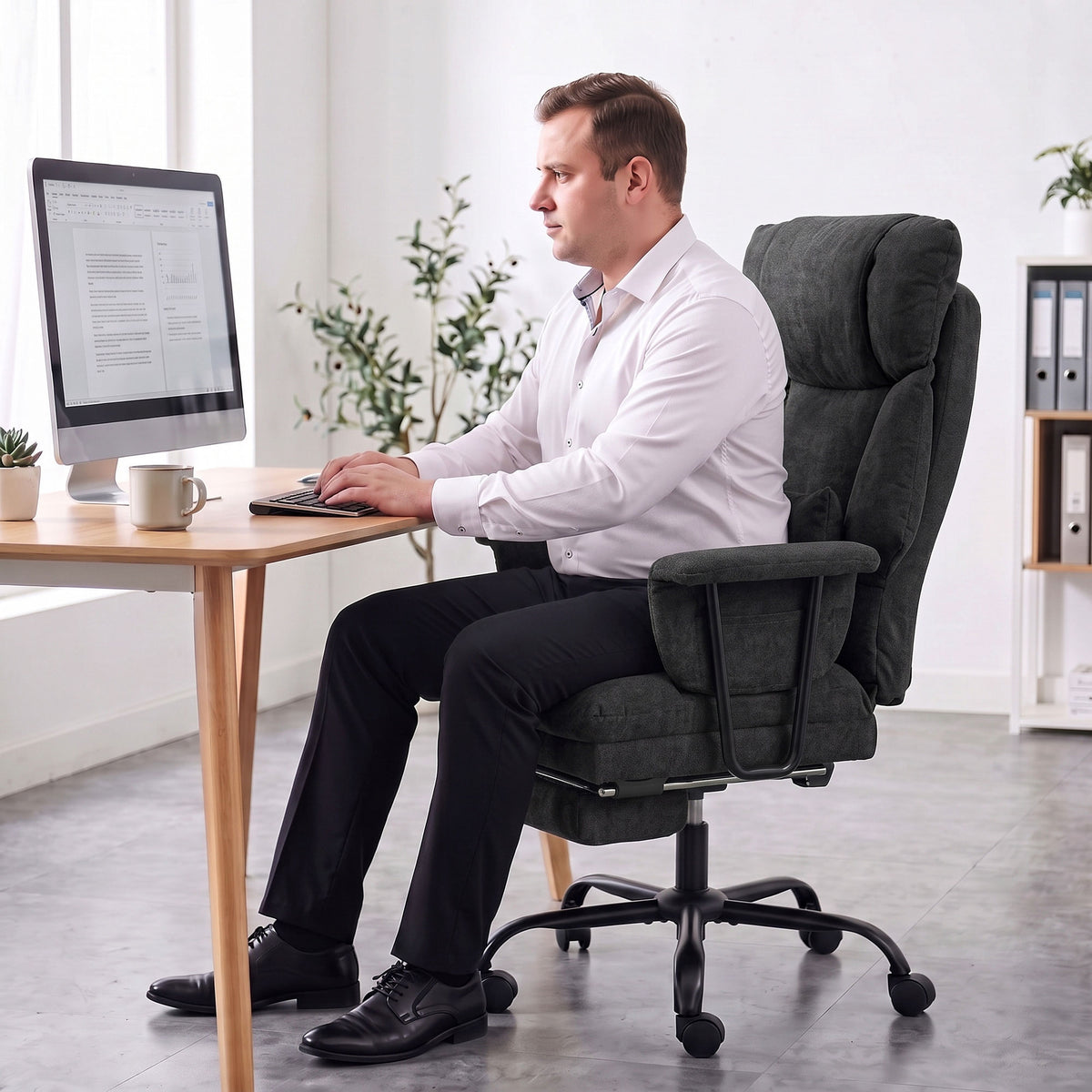 Office Chair, 180kg Heavy Duty Linen Computer Desk Chair with Lumbar Support, Wide Seat, Spring Cushion, Reclining Backrest, Footrest, Swivel Wheels, Black