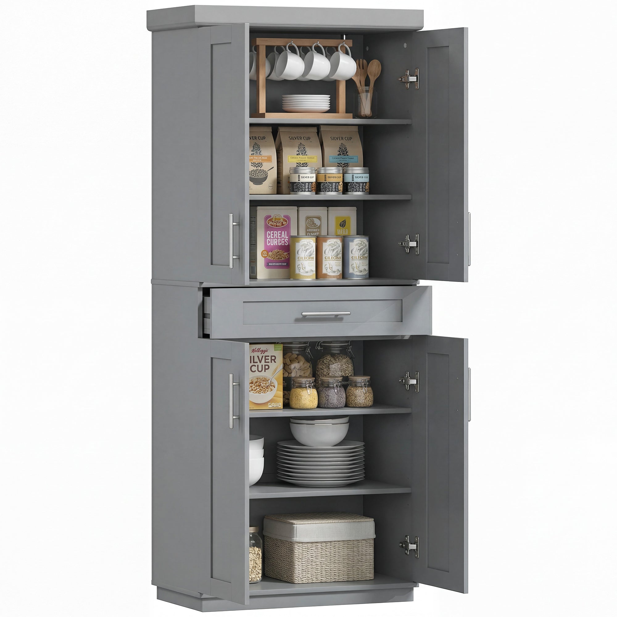 72" Kitchen Pantry Cabinet, Freestanding Tall Storage Cabinet with 4 Doors, Drawer and 3 Adjustable Shelves for Dining Room, Gray