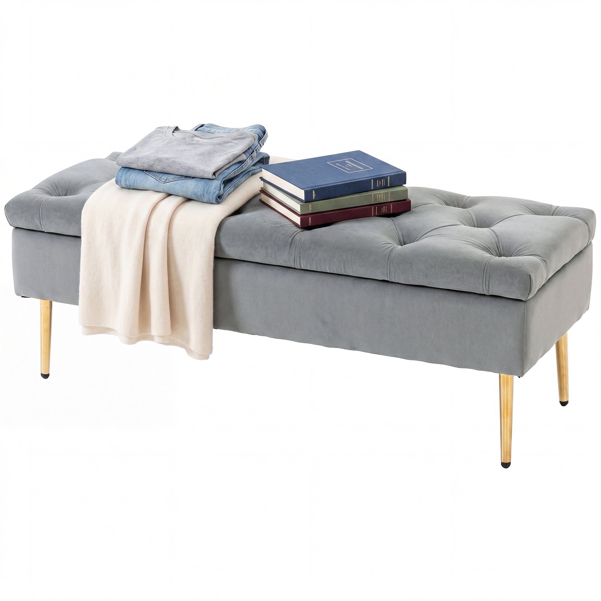 Upholstered Bedroom Bench with Gold Tone Metal Legs, Velvet Button-Tufted Storage Bench, Bench Seat with Thick Padding, Ottoman Bench for Living Room, Hallway, Grey
