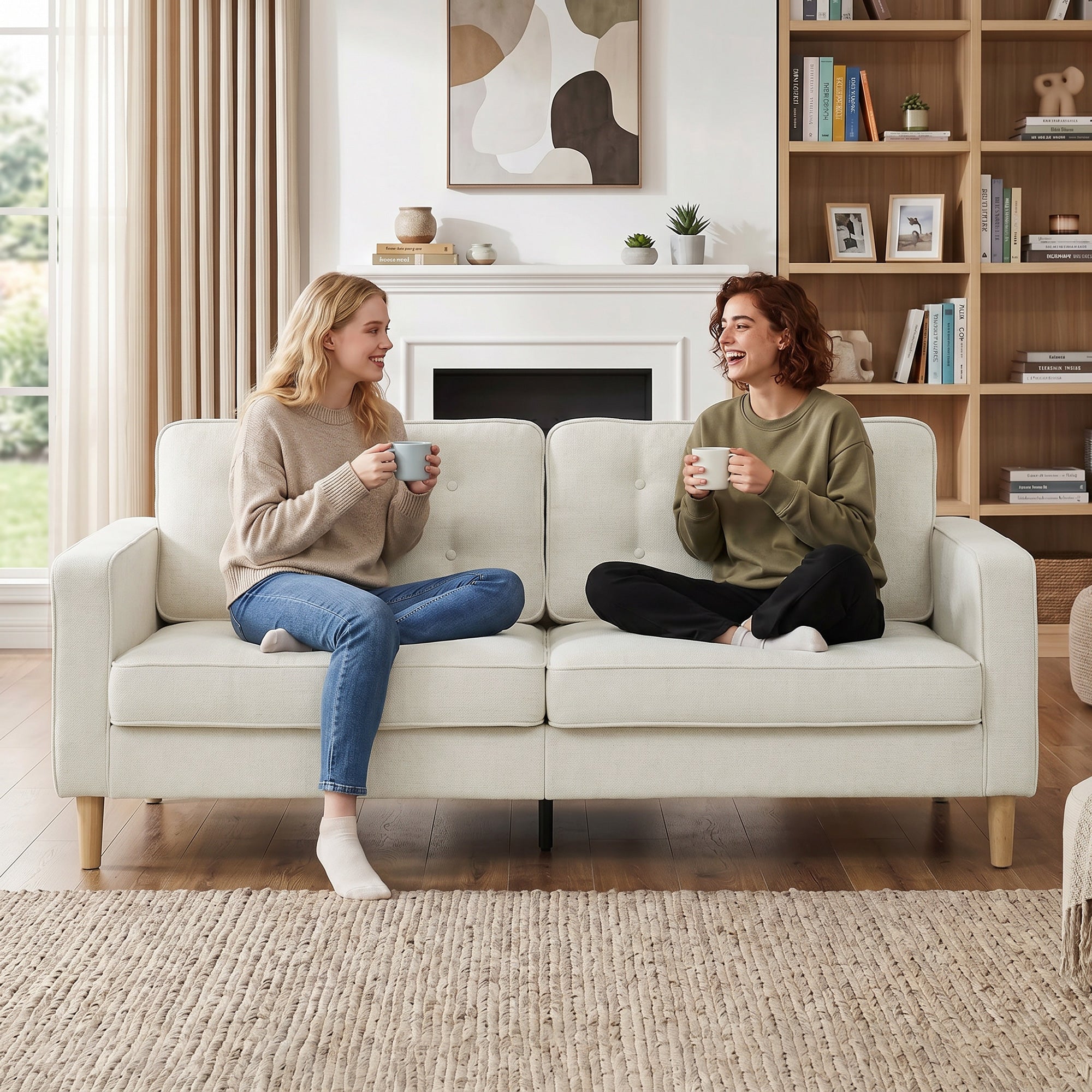 3 Seater Sofa, Upholstered Couch for Bedroom, Modern Sofa Settee with Padded Cushion, Button Tufting and Wood Legs for Living Room, Cream White