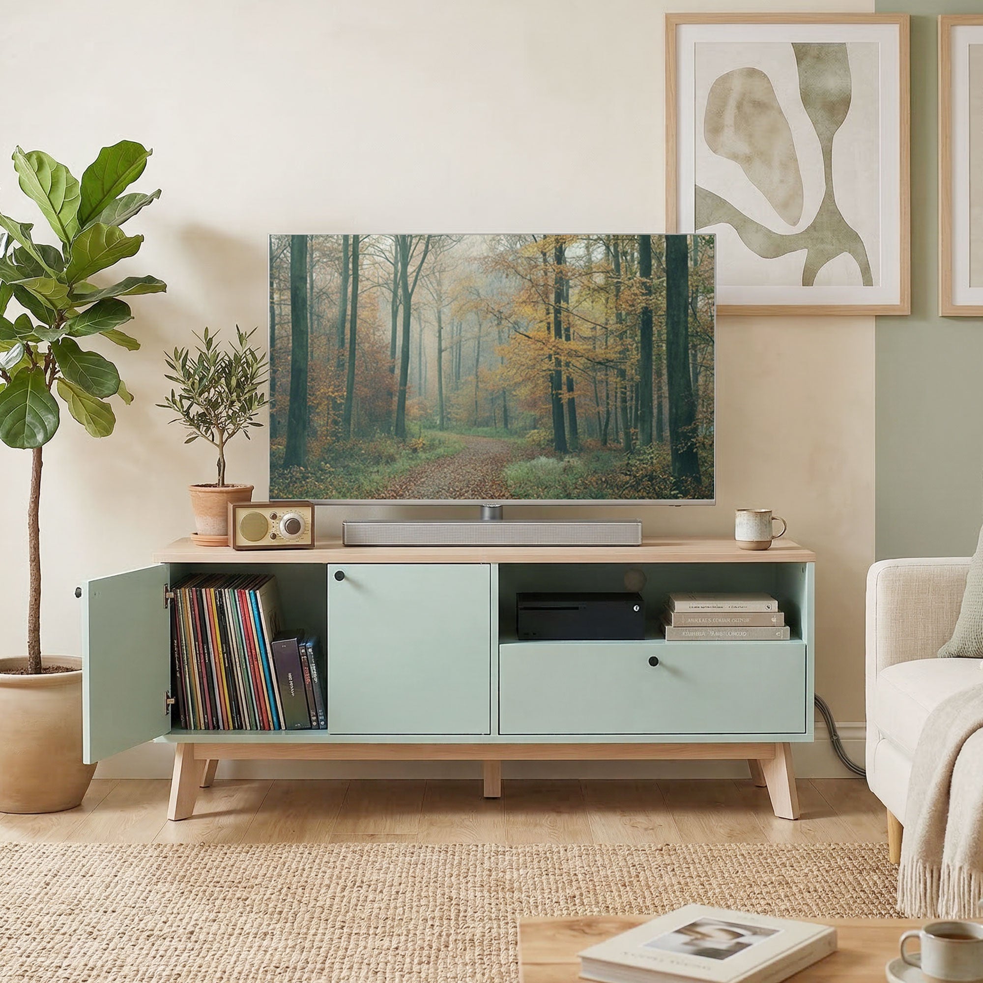 TV Stand Cabinet for Television up to 36 Inch, Modern TV Unit with 2 Doors and Open Shelf, Entertainment Center with Adjustable Shelf for Living Room, Light Green