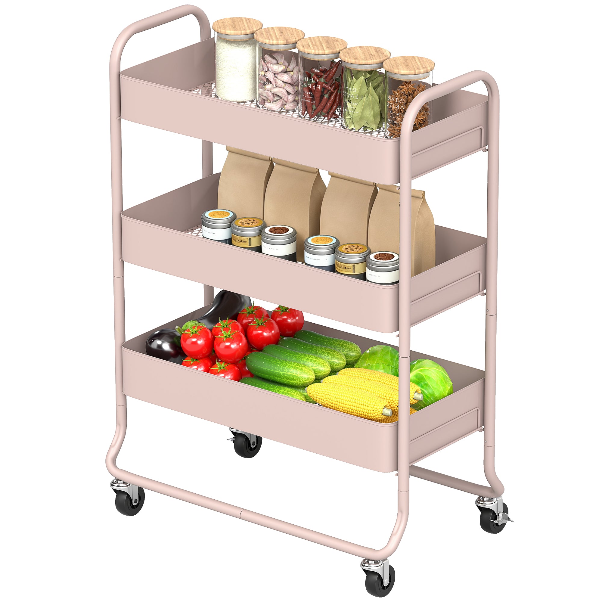 3-Tier Storage Trolley on Wheels, Rolling Utility Cart with Mesh Backets, Mobile Storage Cart for Kitchen, Bathroom, Bedroom, Light Pink