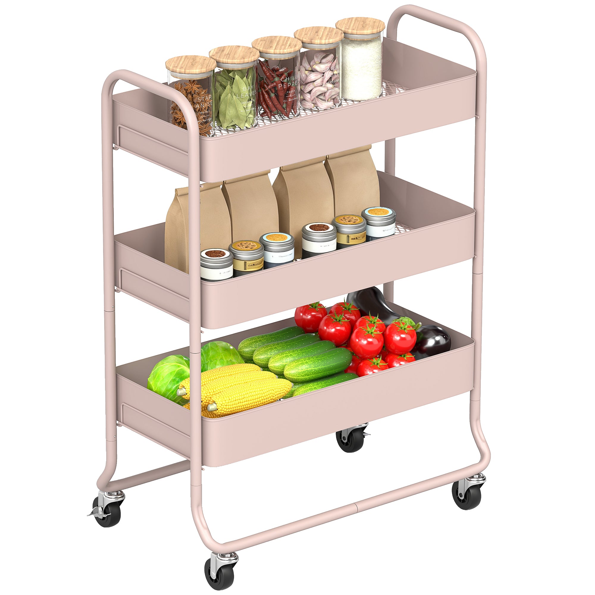 3-Tier Storage Trolley on Wheels, Rolling Utility Cart with Mesh Backets, Mobile Storage Cart for Kitchen, Bathroom, Bedroom, Light Pink