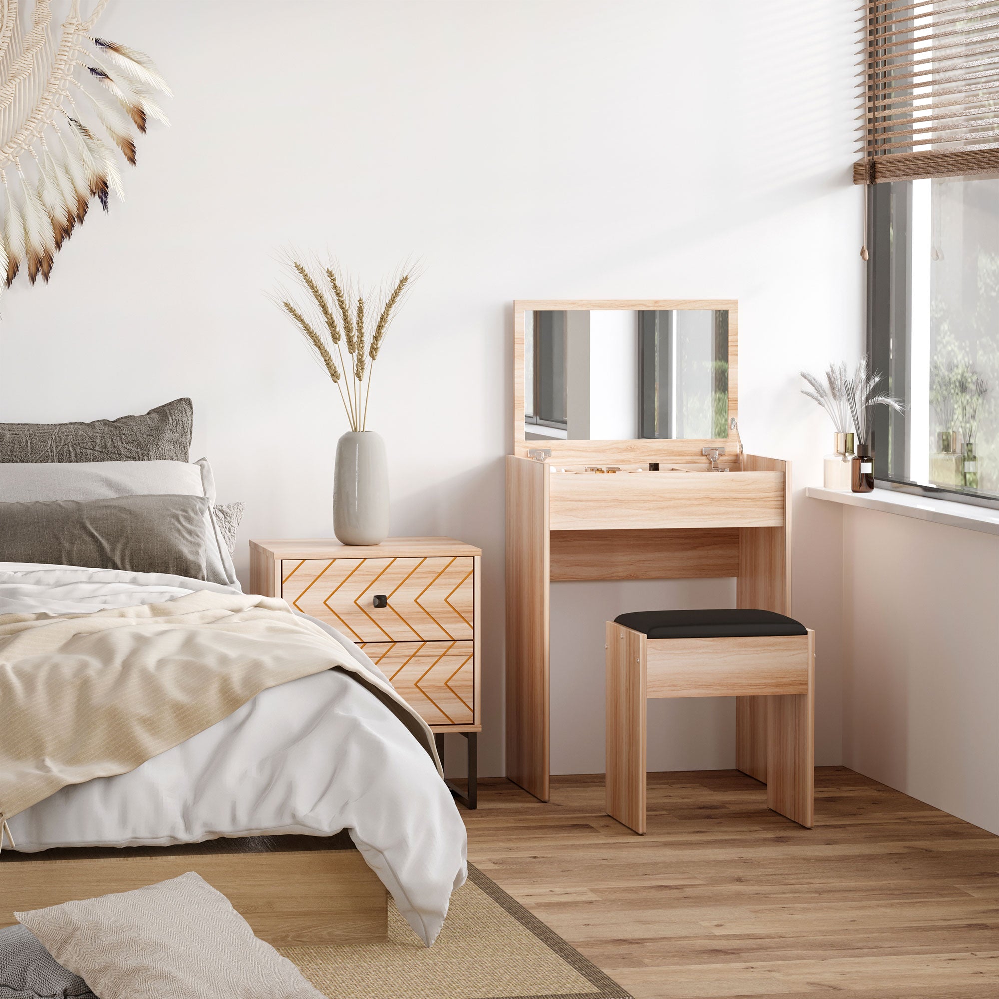 HOMCOM Dressing Table with Mirror and Stool, Vanity Makeup Table with Flip Up Mirror, Vanity Desk with Storage Unit and Padded Seat, Wood