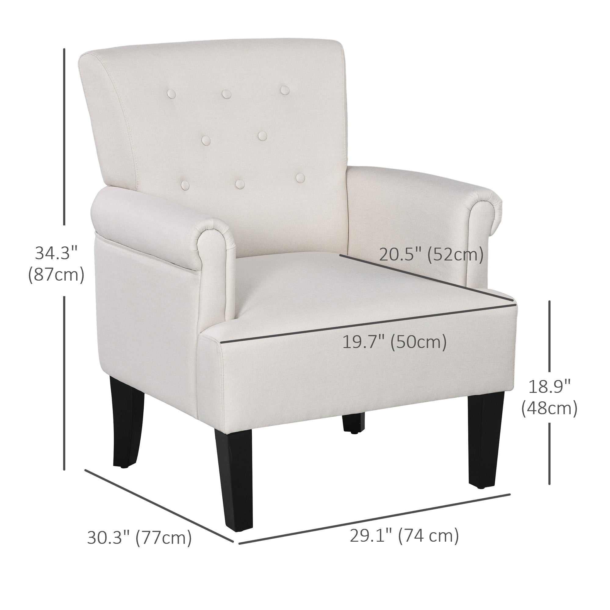 HOMCOM Fabric Accent Chair, Tufted Armchair, Modern Living Room Chair with Wood Legs, Rolled Arms, Thick Padding for Bedroom, Cream White