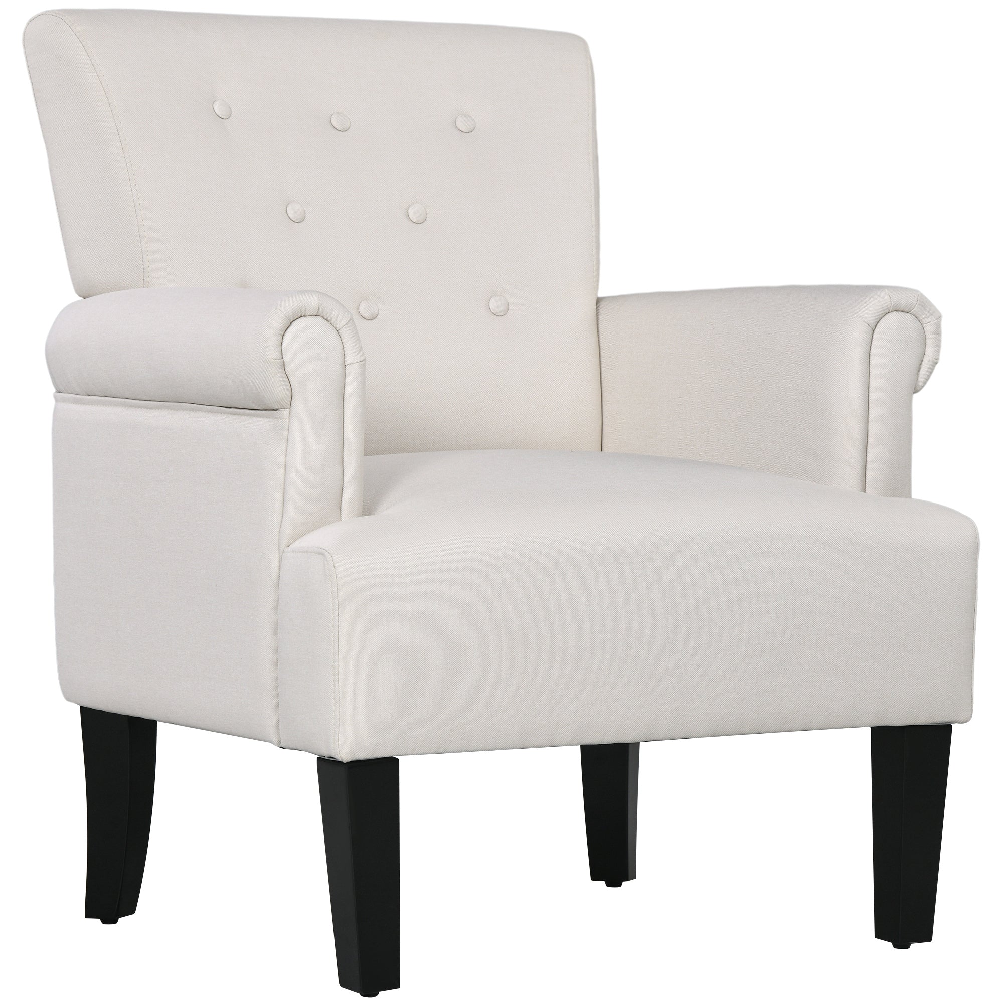 HOMCOM Fabric Accent Chair, Tufted Armchair, Modern Living Room Chair with Wood Legs, Rolled Arms, Thick Padding for Bedroom, Cream White