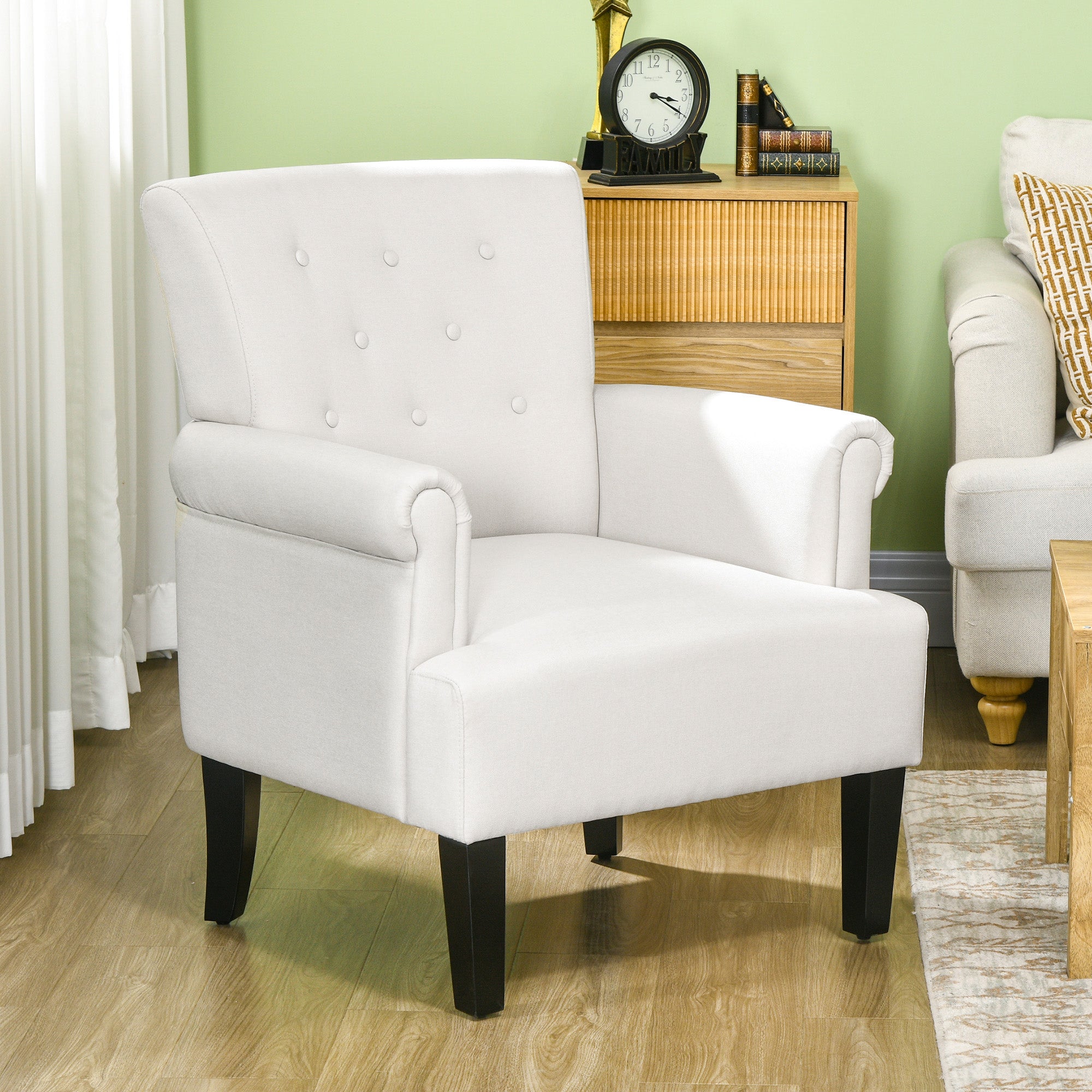 HOMCOM Fabric Accent Chair, Tufted Armchair, Modern Living Room Chair with Wood Legs, Rolled Arms, Thick Padding for Bedroom, Cream White