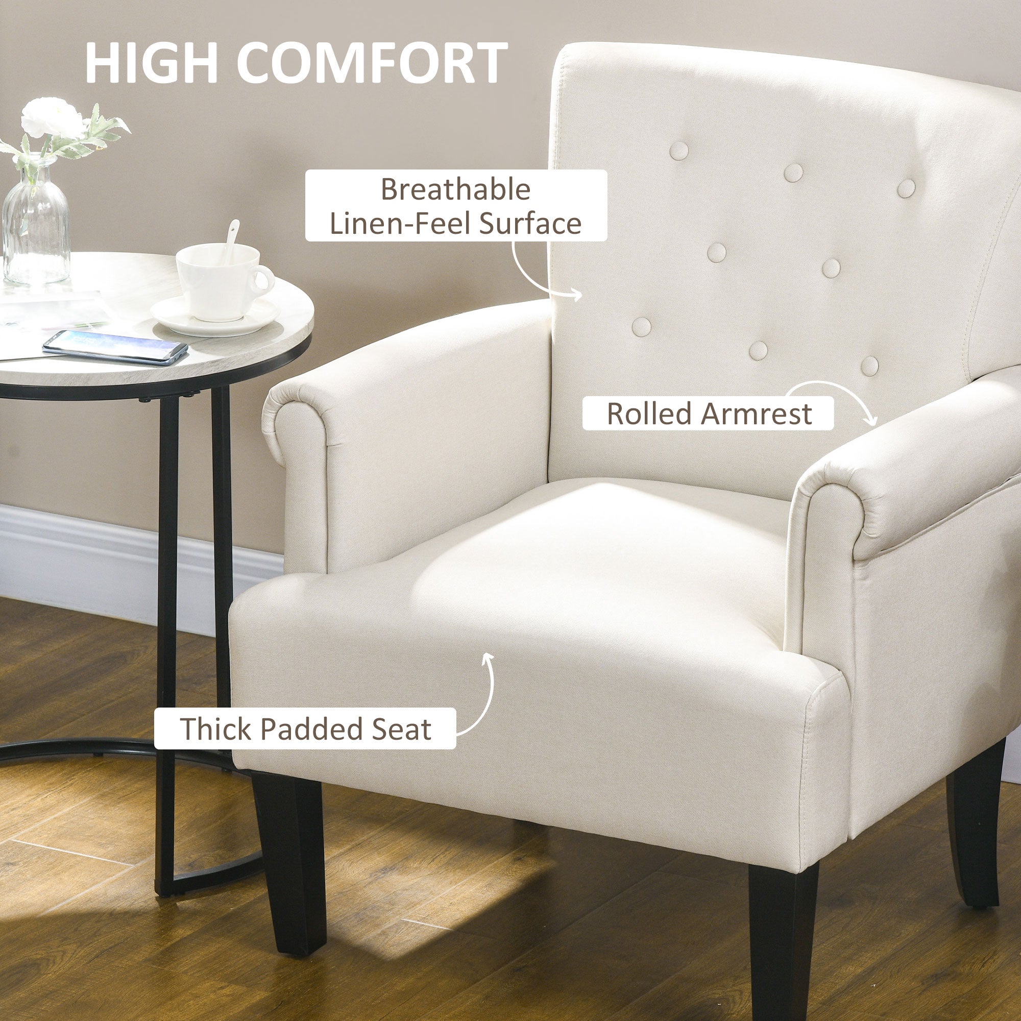 HOMCOM Fabric Accent Chair, Tufted Armchair, Modern Living Room Chair with Wood Legs, Rolled Arms, Thick Padding for Bedroom, Cream White