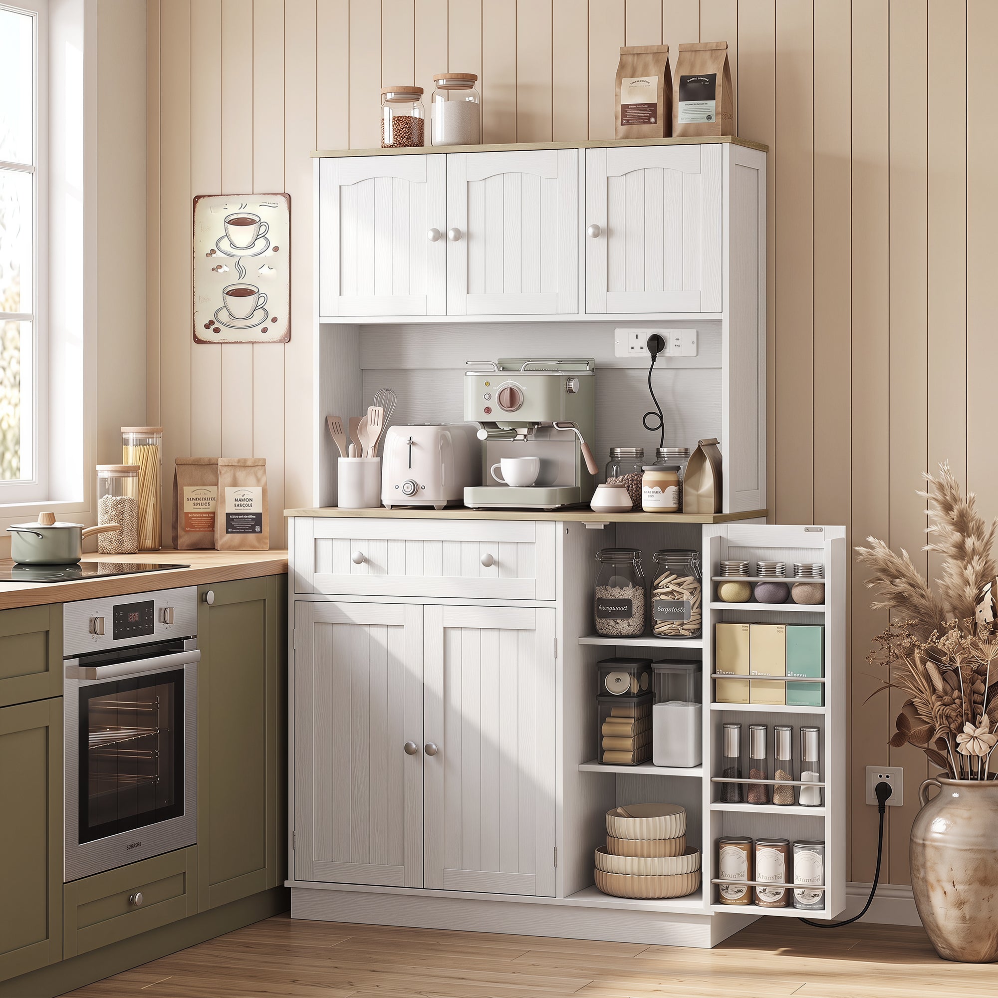 173 cm Tall Kitchen Cupboard with Charging Station, Pantry Storage Cabinet with Microwave Stand, Adjustable Shelves, 4 Door Racks, Farmhouse Kitchen Cabinet for Dining Room, White