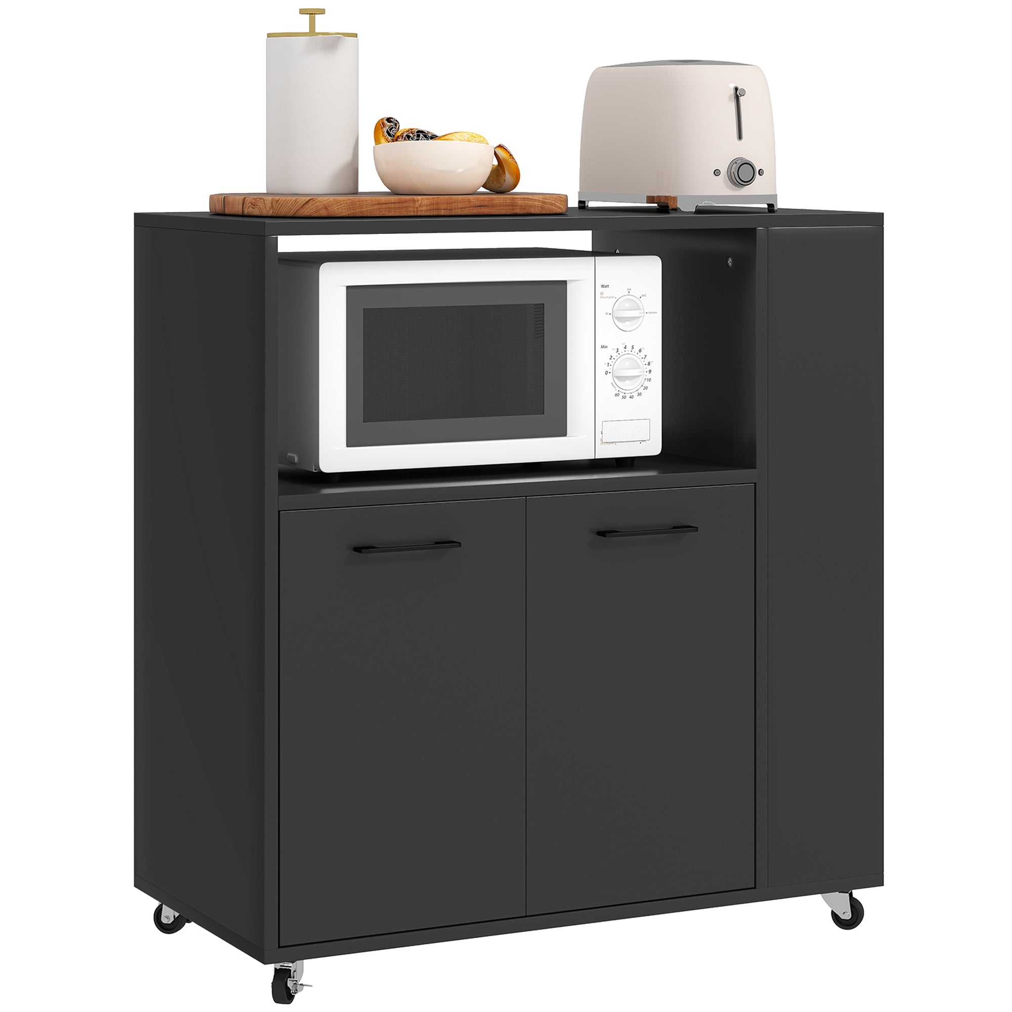 Kitchen Trolley on Wheels, Rolling Kitchen Island Cart with 2-Door Cabinet, Spice Rack and Adjustable Shelf, Storage Serving Trolley Cart for Dining Room, Living Room, Black