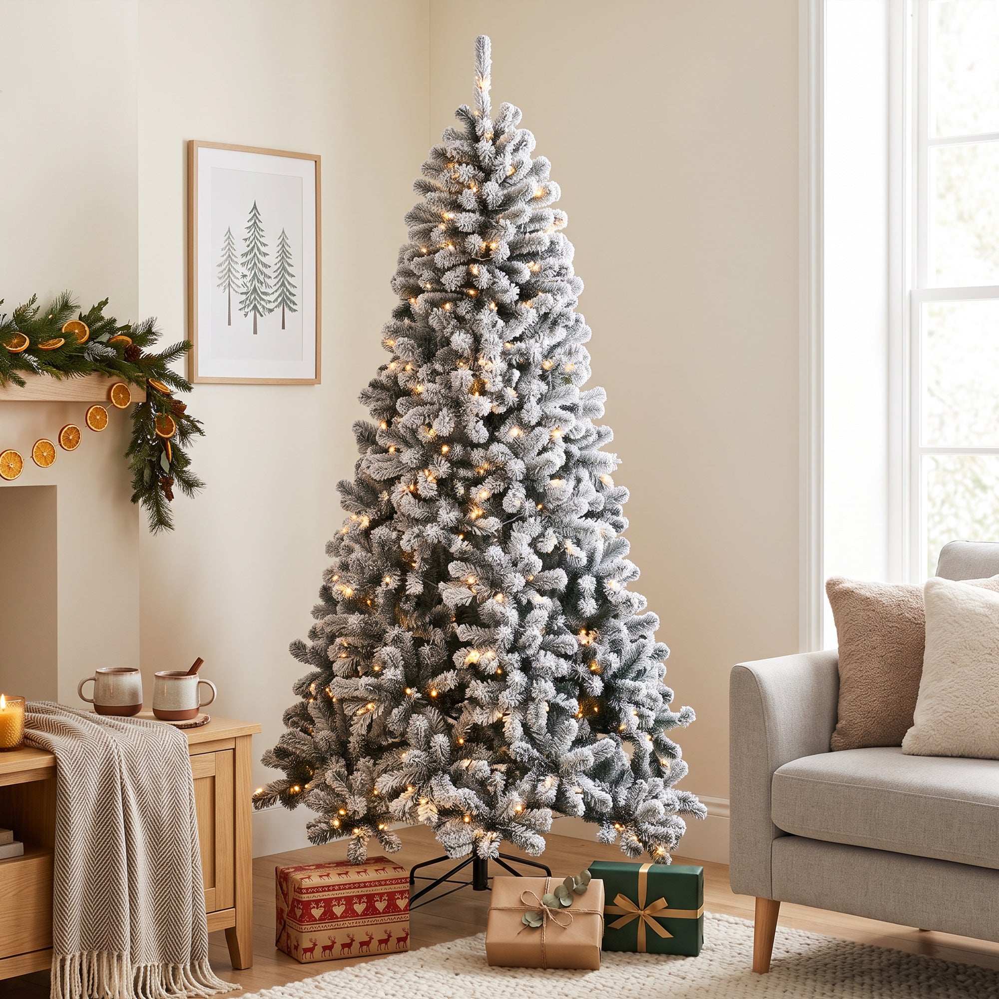 7.5ft Flocked Prelit Christmas Tree, Northern Pine, Artificial Xmas Tree with 1201 Curved Tips, 350 LEDs, Foldable Steel Base, Green White