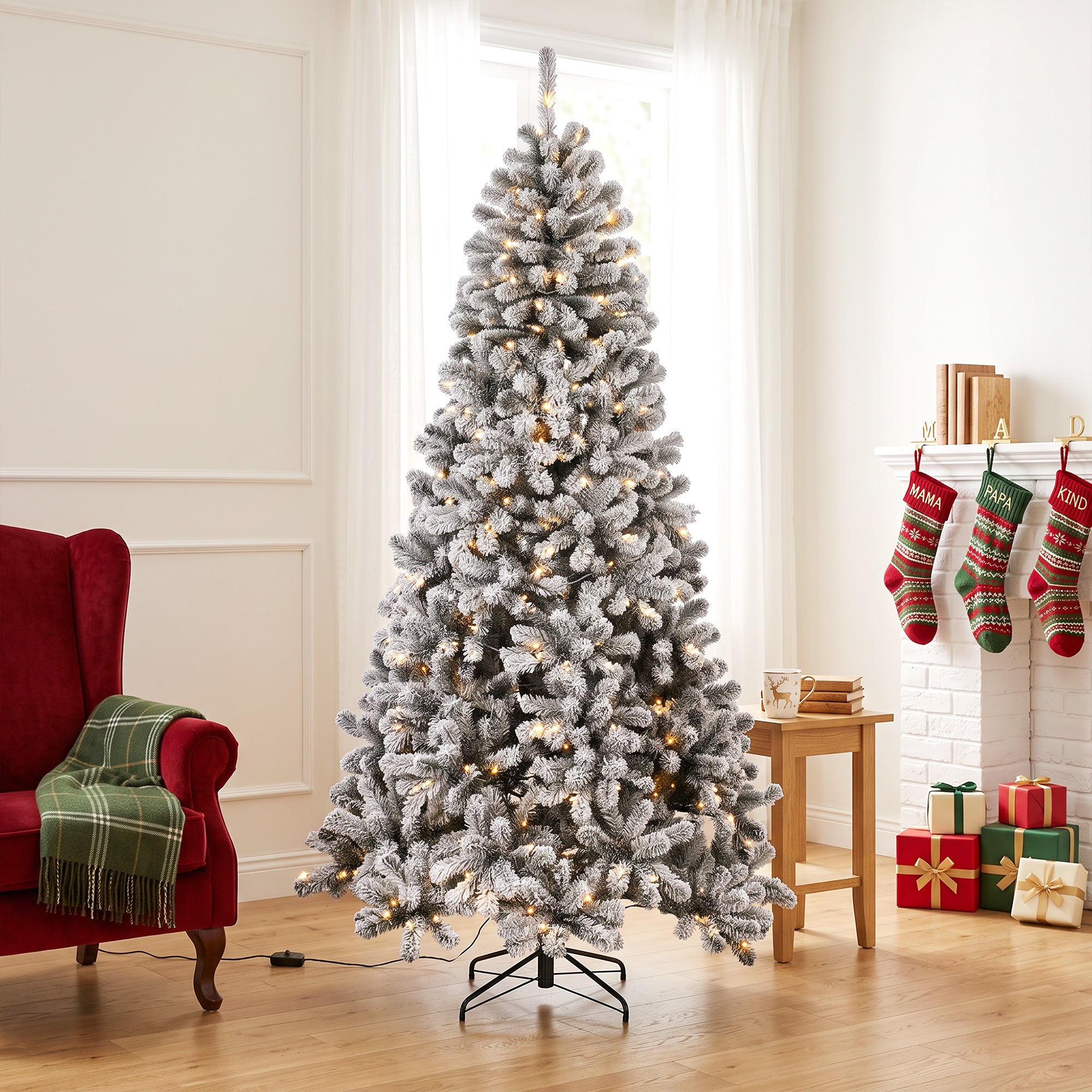 7.5ft Flocked Prelit Christmas Tree, Northern Pine, Artificial Xmas Tree with 1201 Curved Tips, 350 LEDs, Foldable Steel Base, Green White