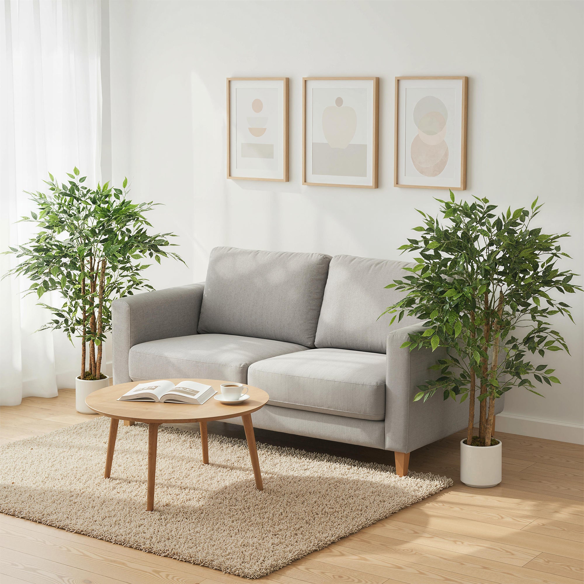 4FT Artificial Banyan Tree Set of 2, Lifelike Fake Tree with Solid Wood Trunk and Pot for Indoor Living Room Home Office Decor, Green