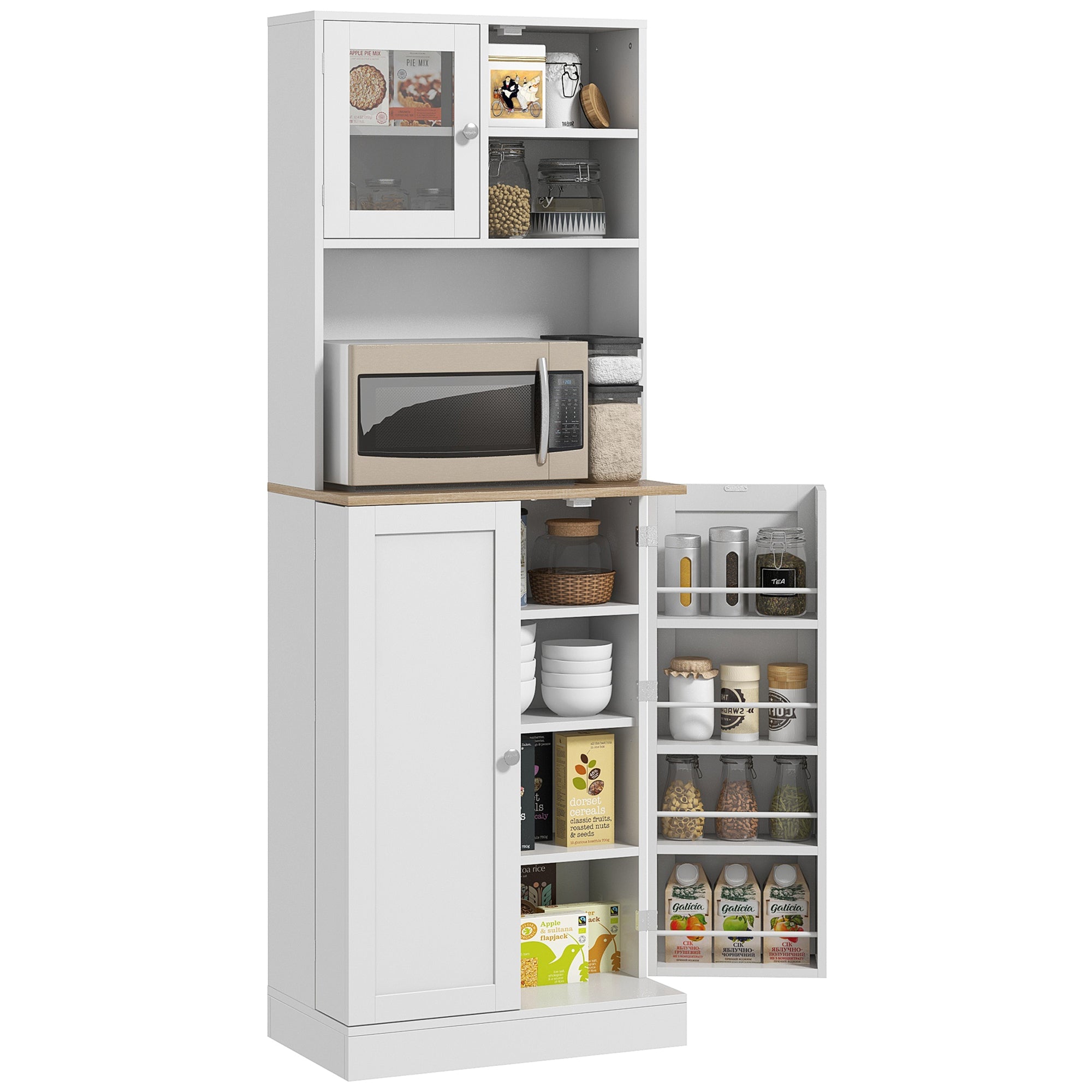 67" Freestanding Pantry Kitchen Hutch Cabinet with Adjustable Shelves Microwave Cabinet White